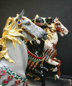 Three newly restored horses from the 1927 Illions Supreme. Paint and gold leaf by Lise Liepman for restorer, Brass Ring Carousel Company.